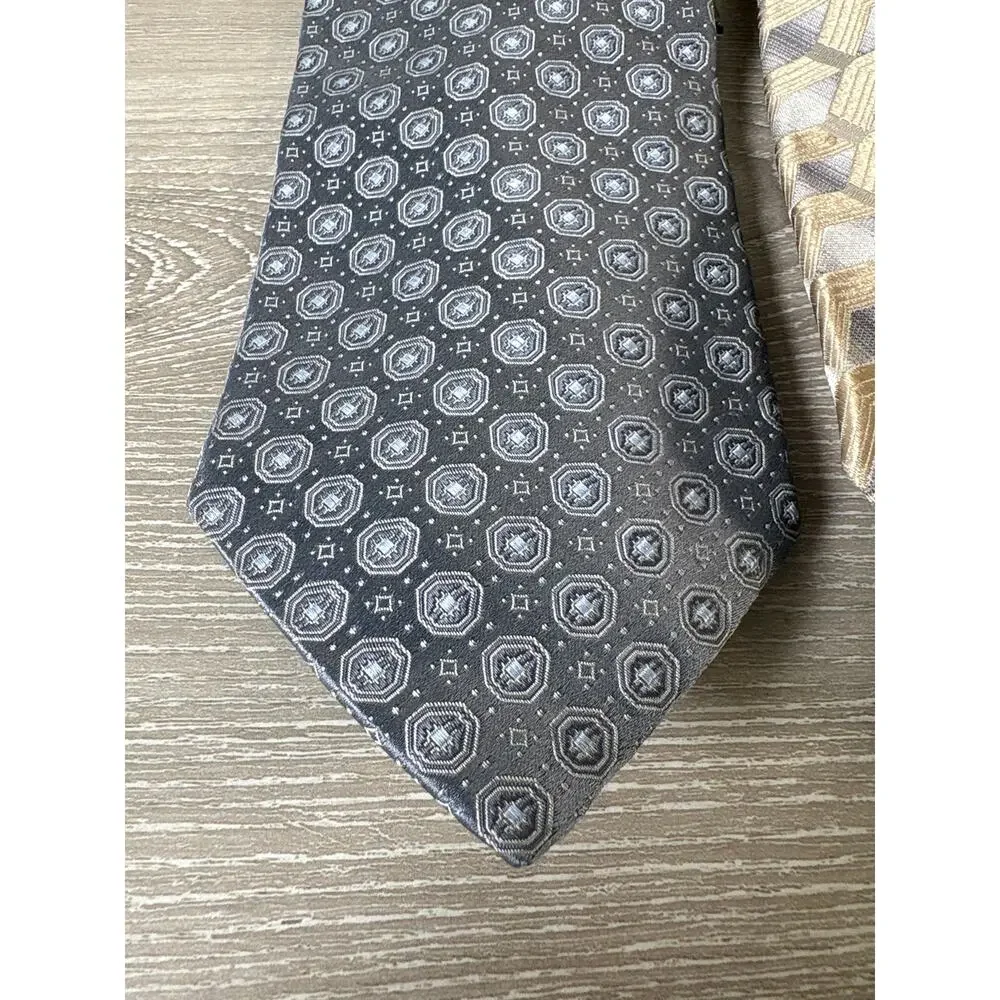 Fumagallis Uomo Lot of 2 Ties- Gray‎ Geometrical Designs and Tan- 100% Silk- EUC
